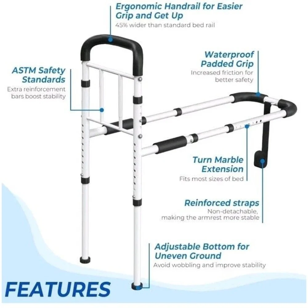 ATSM Adjustable Bed Rails for Elderly 350lb Capacity Non Slip Grip Storage